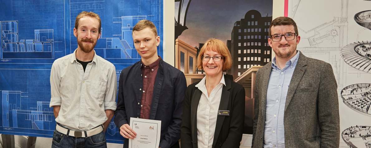 Derek Jackson and Rob Ruffles present 2017 LSI Drawing Prize to NUA Student Daniel Walford