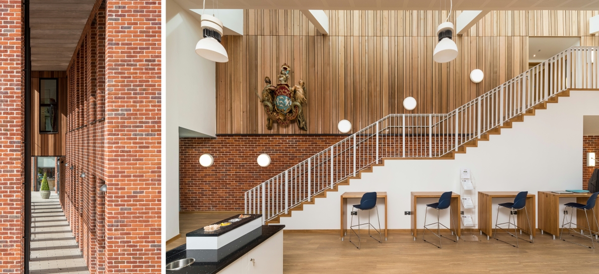 Gresham's School Britten Building Sixth Form and Music School Brick Colonnade and Cafe Space Stair