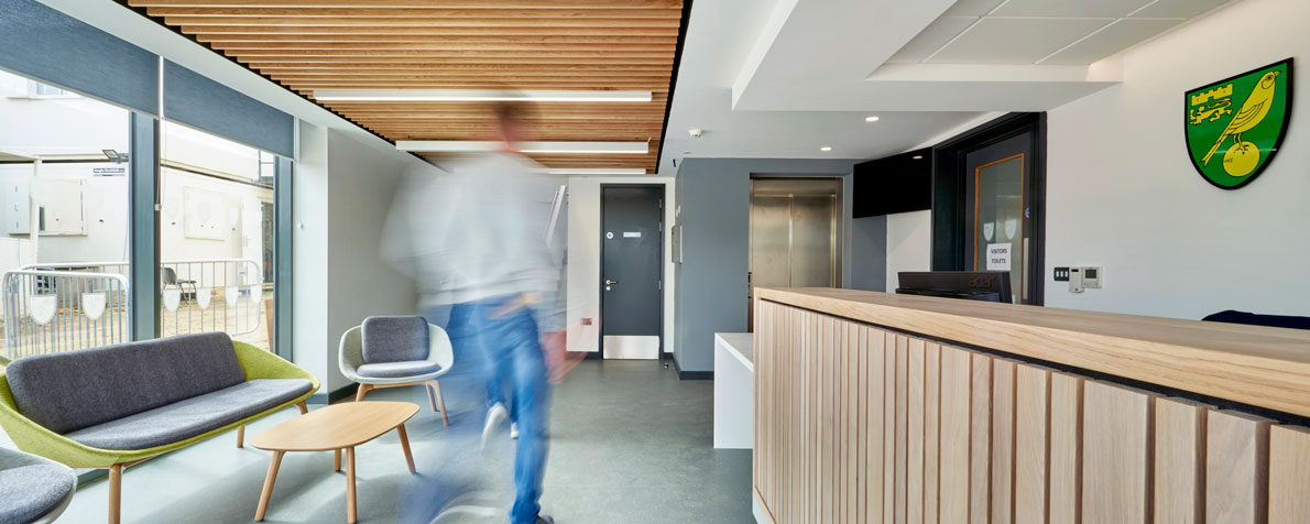 Reception space at Norwich City Football Club's Lotus Academy at Colney, designed by LSI Architects