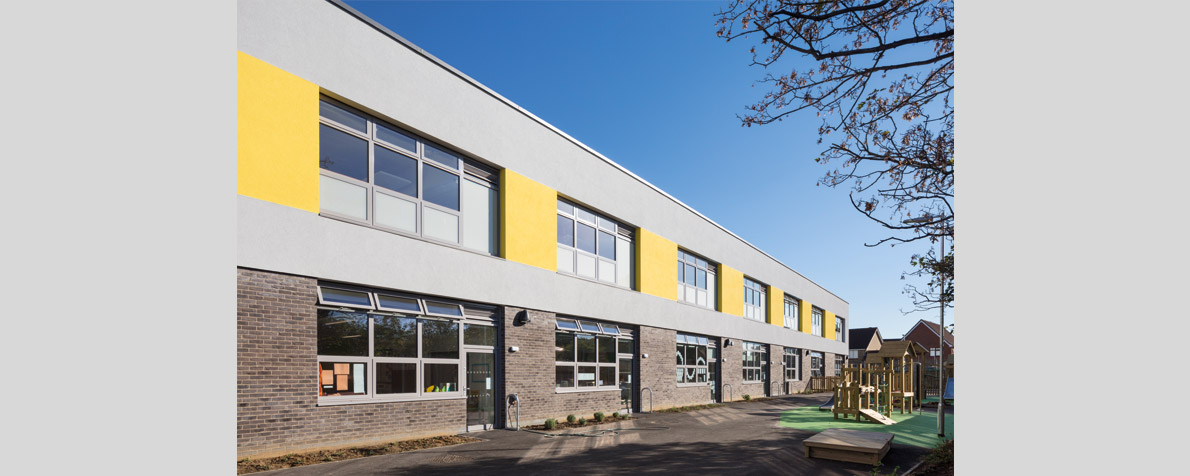Horizontal colour bandings between teaching spaces at ATAM Academy